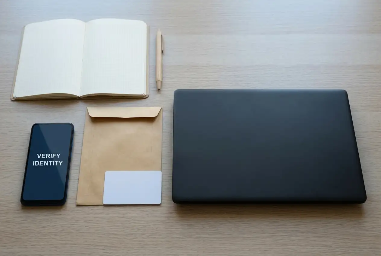 A blank identification-sized card, unmarked envelope, phone and notebook on a tidy desk