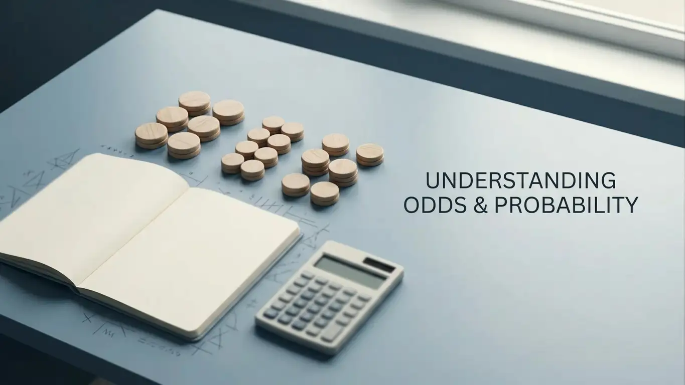 A quiet desktop scene with a notebook, unmarked counting discs and a dark-screen calculator