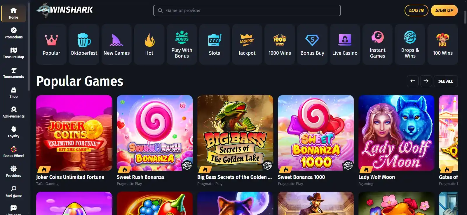 Screenshot of the public Winshark homepage showing the real site header and navigation