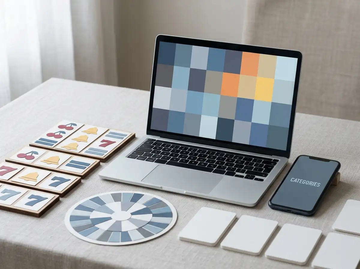 An editorial tabletop arrangement of blank game tiles and abstract game-format shapes