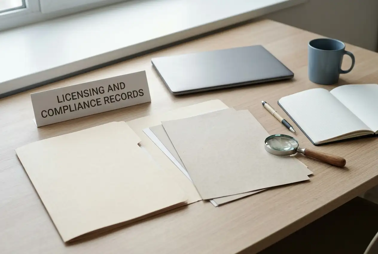 A writing desk with a folder of blank documents, a magnifier and a notebook beside an unmarked laptop