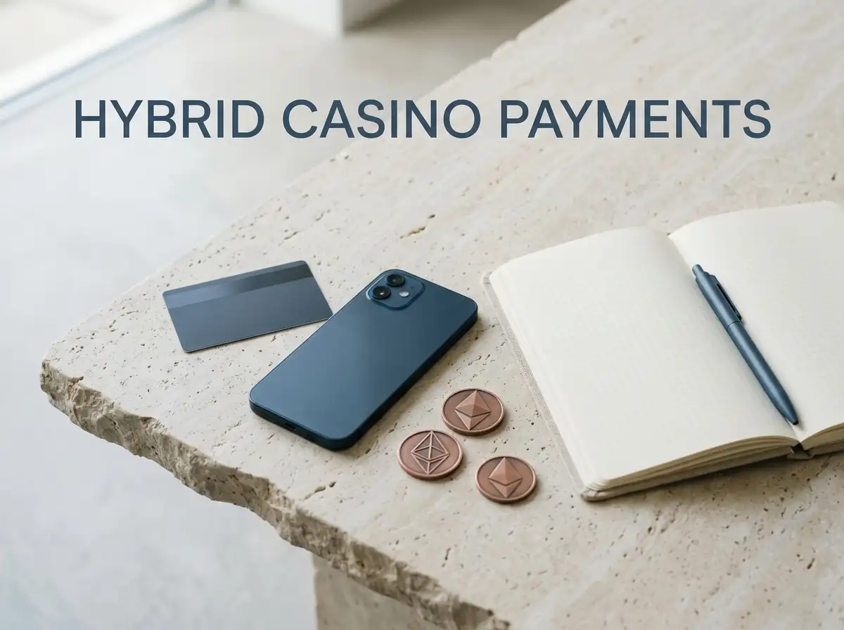 A neutral desktop arrangement of a bank card, smartphone, notebook and simple digital-asset tokens