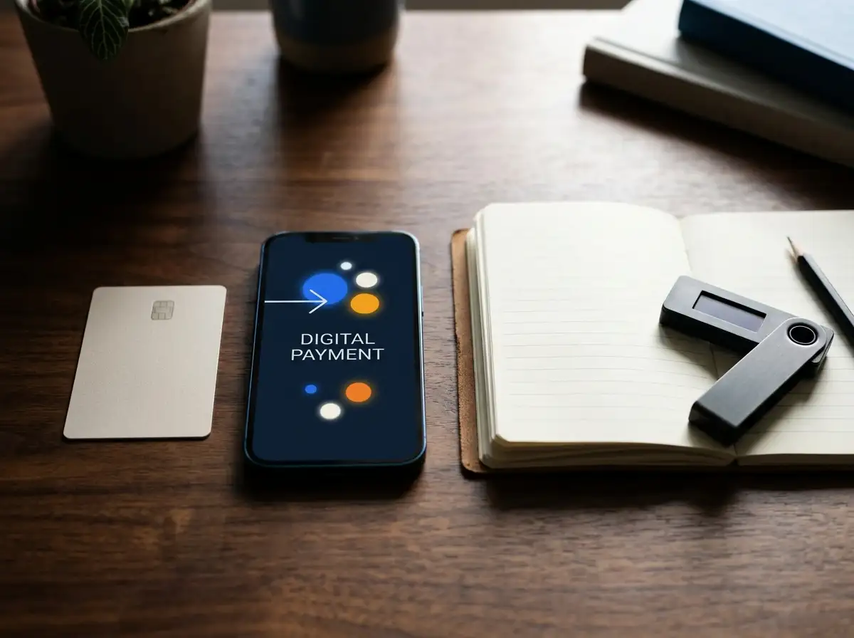 A notebook beside a phone and separate card and digital-asset payment objects