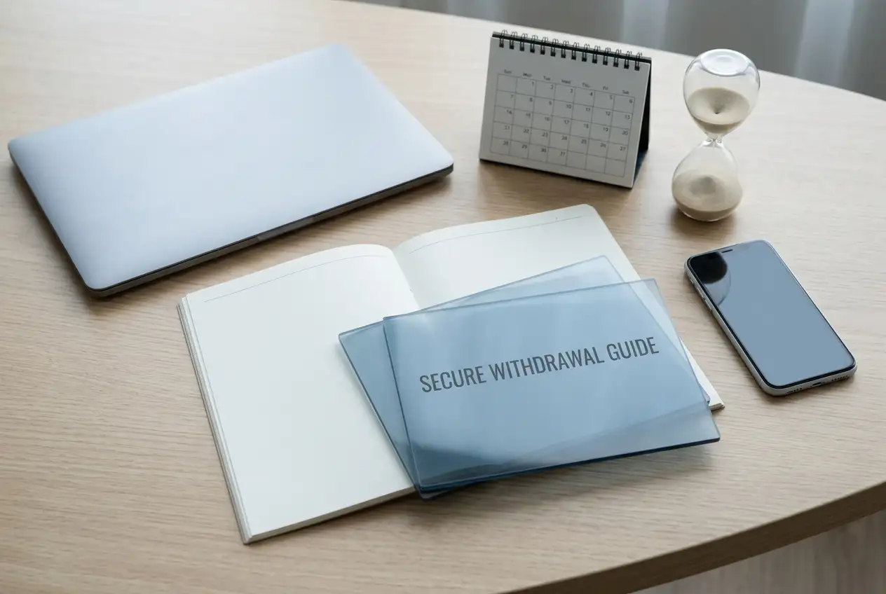 A paper ledger, unmarked calendar and hourglass beside a blank-screen phone